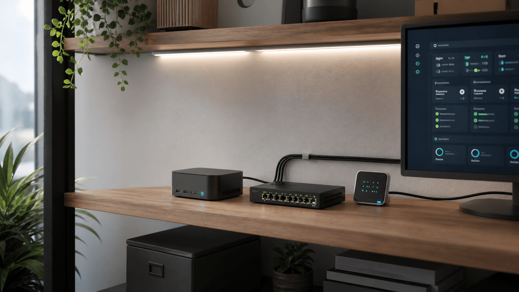 A compact TailHome homelab control hub on a home office shelf